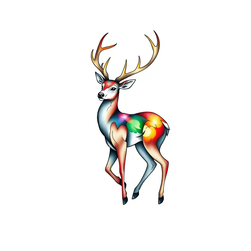 Colorful deer tattoo with floral designs