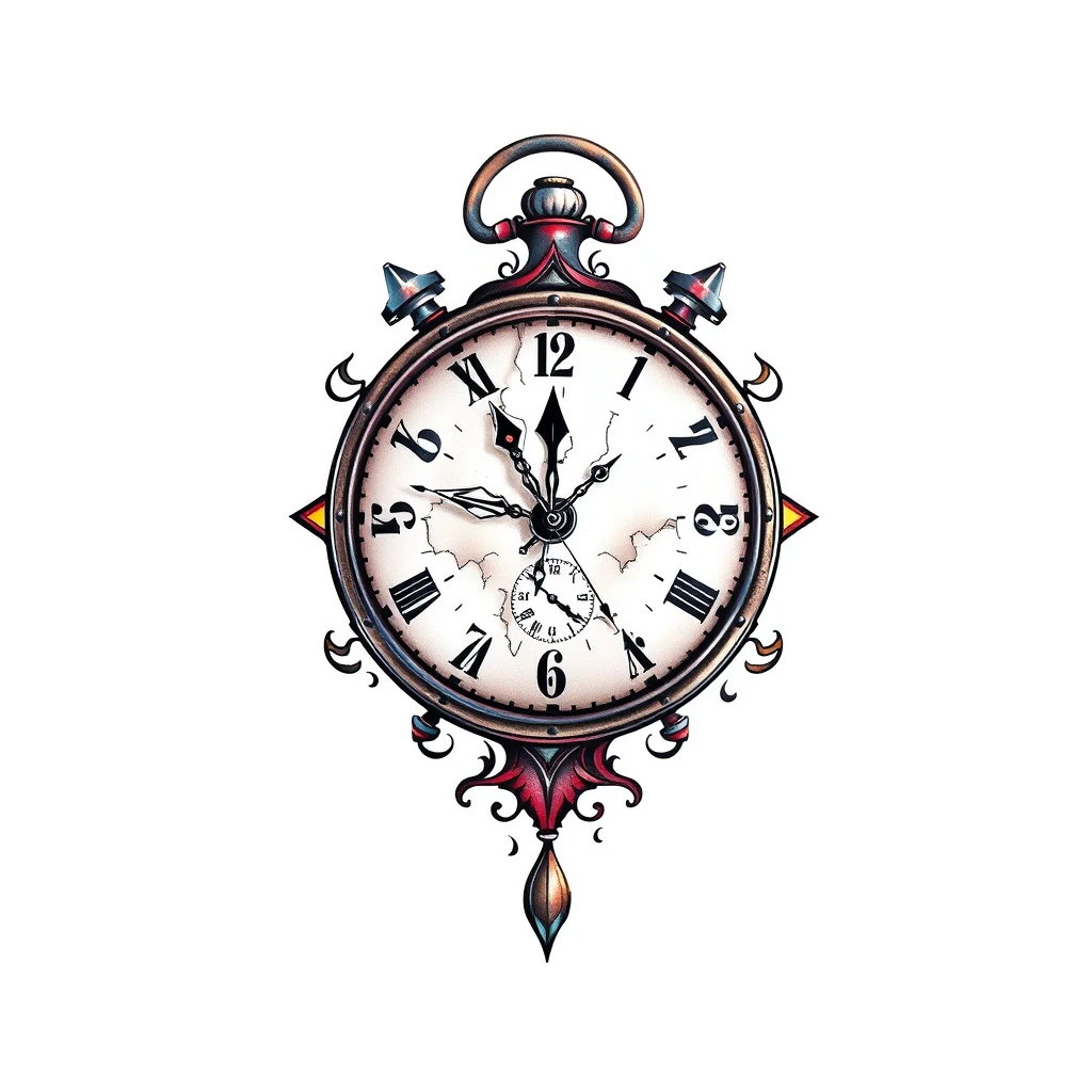 Broken clock tattoo with intricate design details