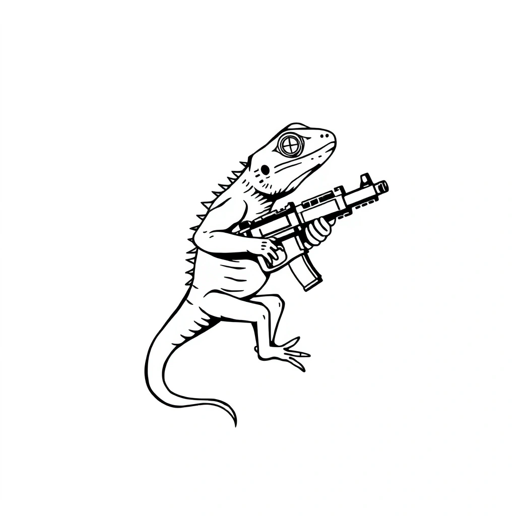 Tattoo of lizard with gun in minimalist style