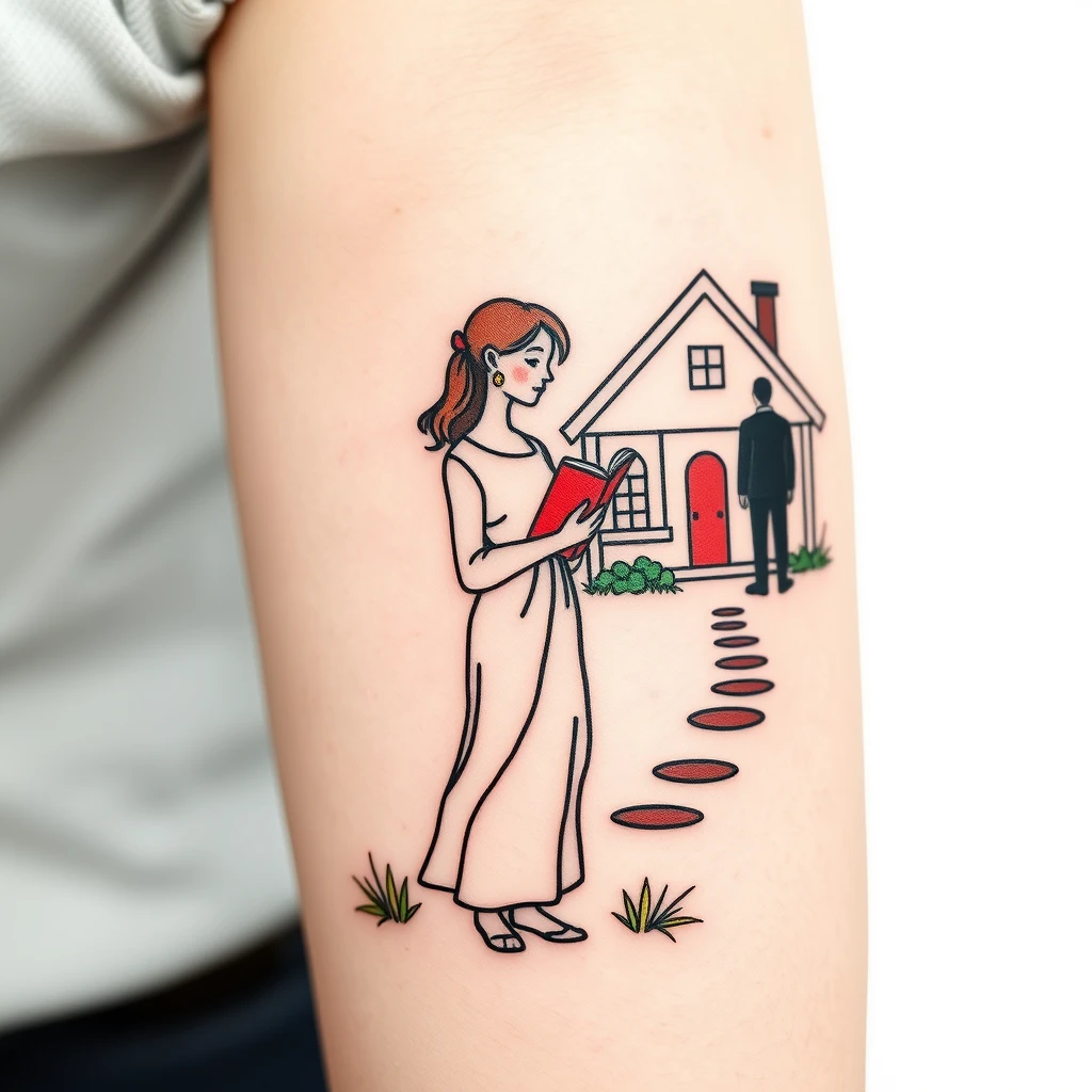 Colorful minimalist tattoo of a woman holding a book