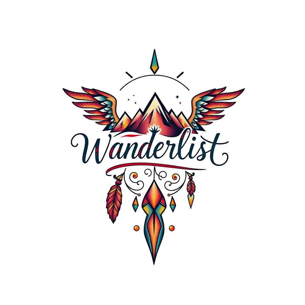 Wanderlust tattoo featuring mountains and feathers