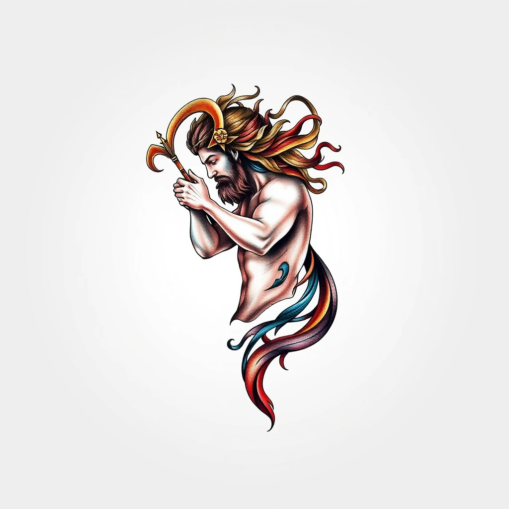 Colorful Orpheus tattoo with flowing hair