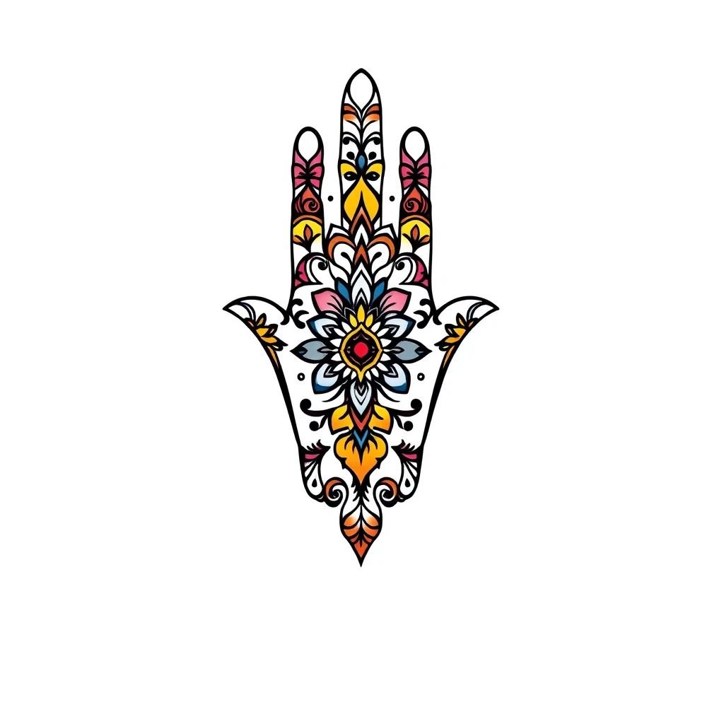 Colorful Hamsa hand tattoo with floral patterns