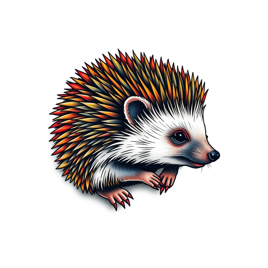 Colorful hedgehog tattoo with vibrant details