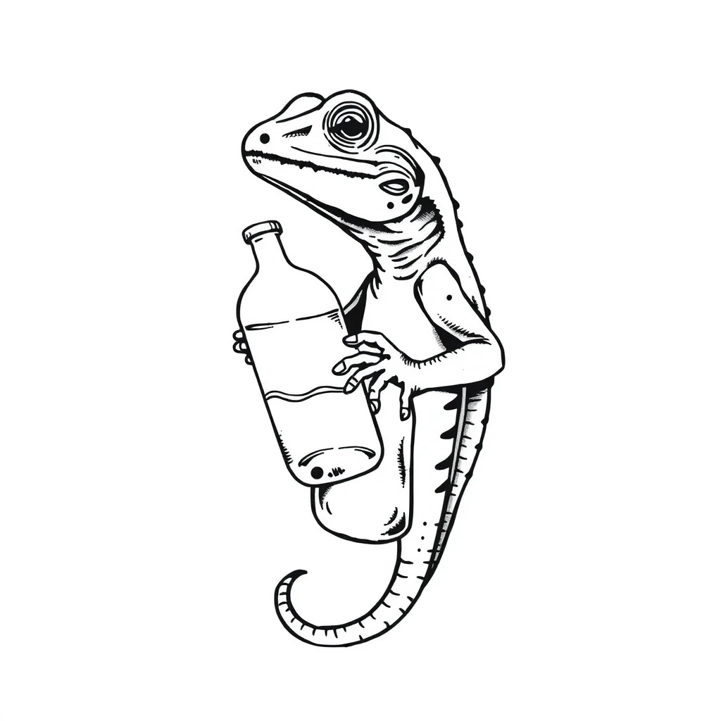 Tattoo of lizard holding water bottle, Minimalist, black and white