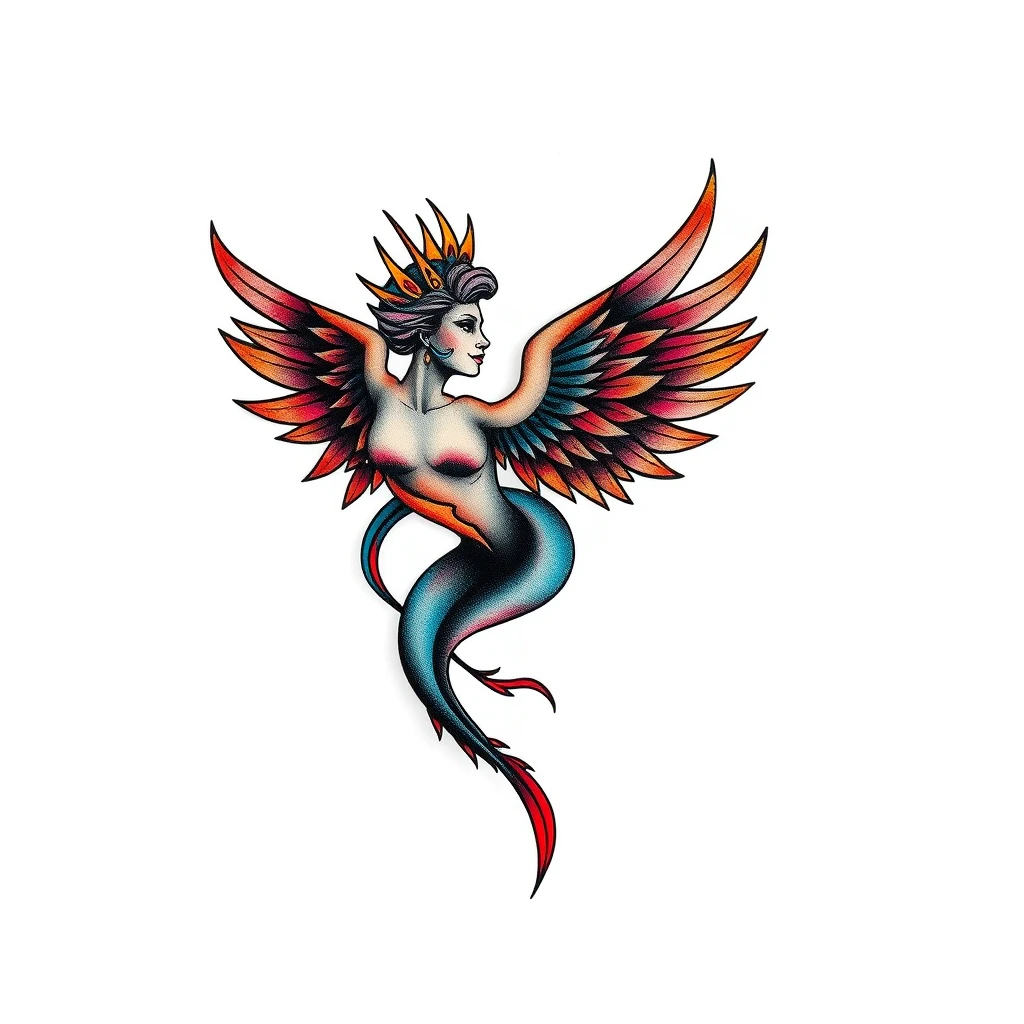 Colorful Mercurial tattoo of a winged figure