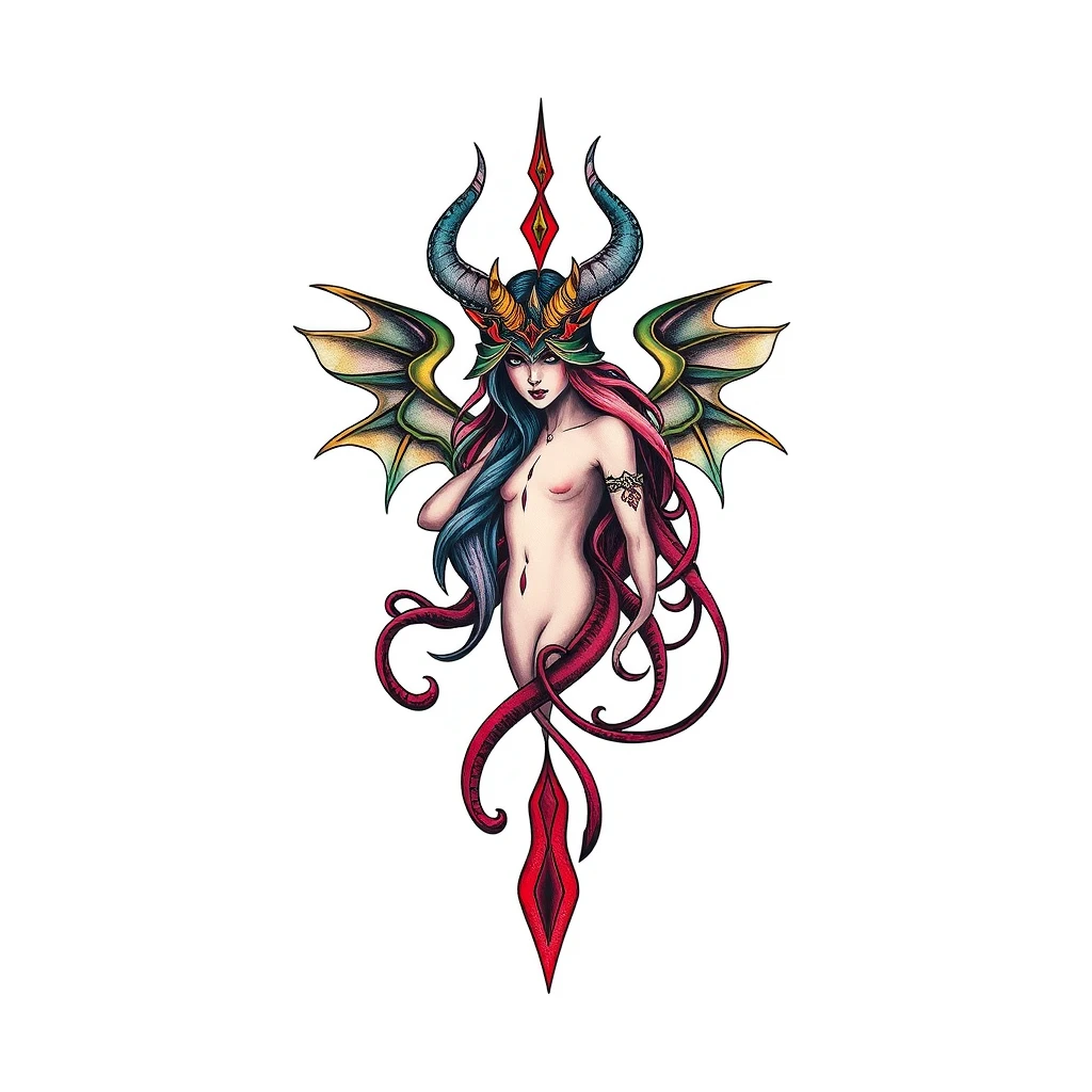 Vibrant Lilith tattoo featuring dragon wings