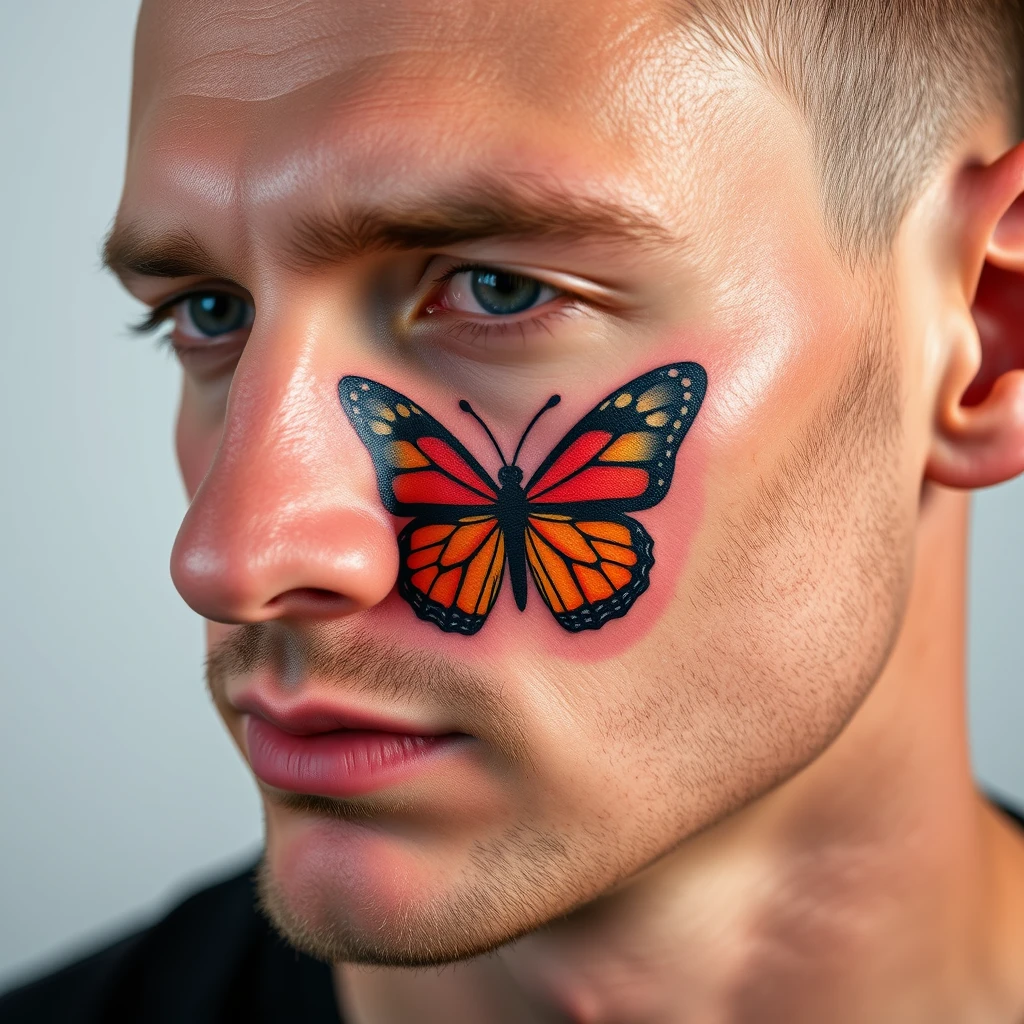 Colorful realistic butterfly tattoo on men's face