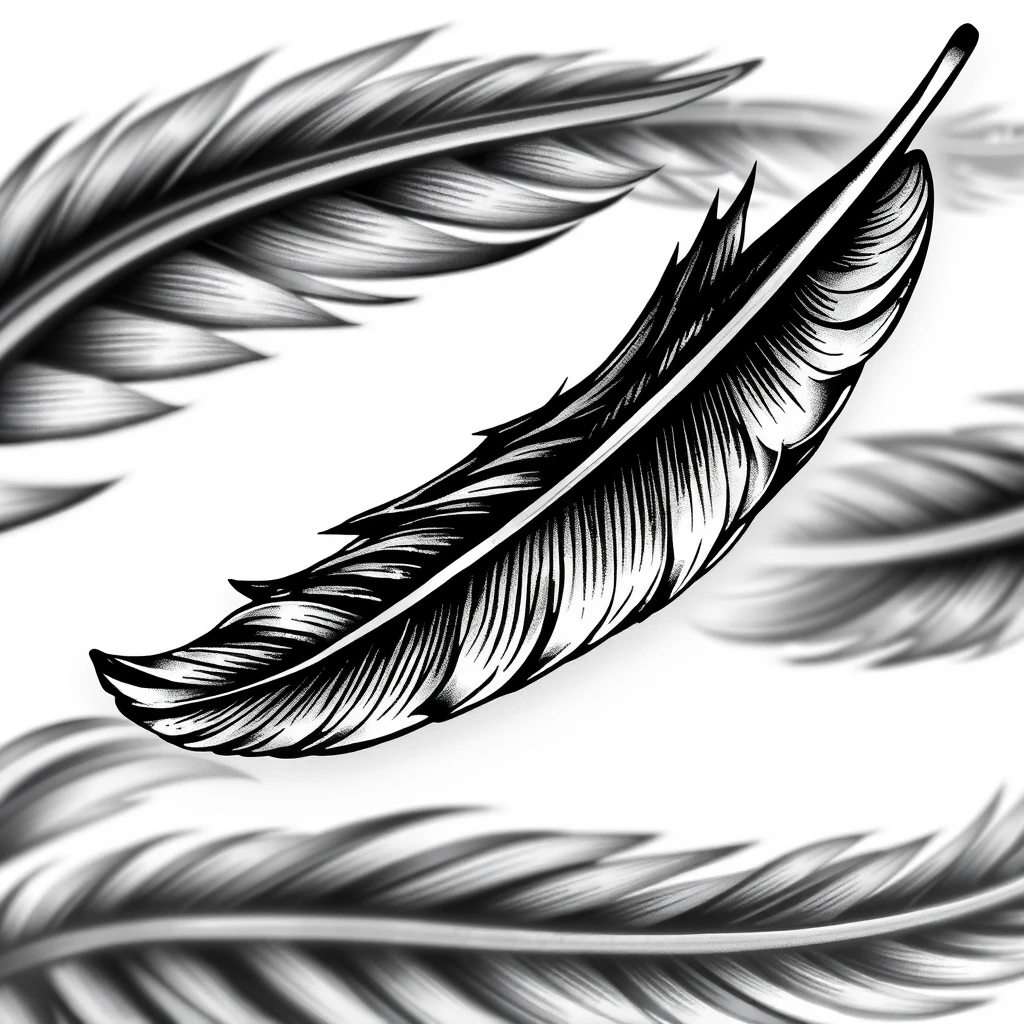 Tattoo of Feather in realistic style, black and white