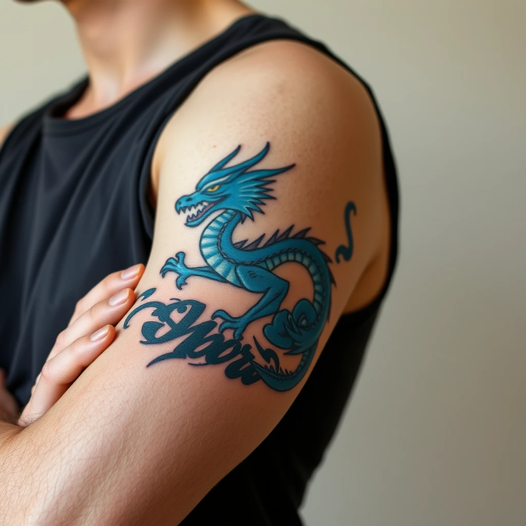 Tattoo of a colorful blue dragon on Men's sleeve