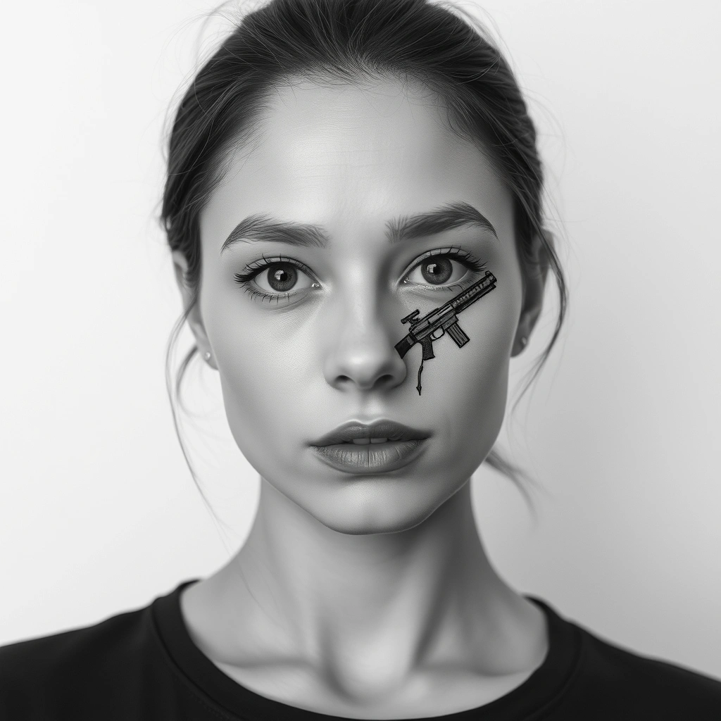 Tattoo of lizard with gun, minimalist, black and white, on women's face