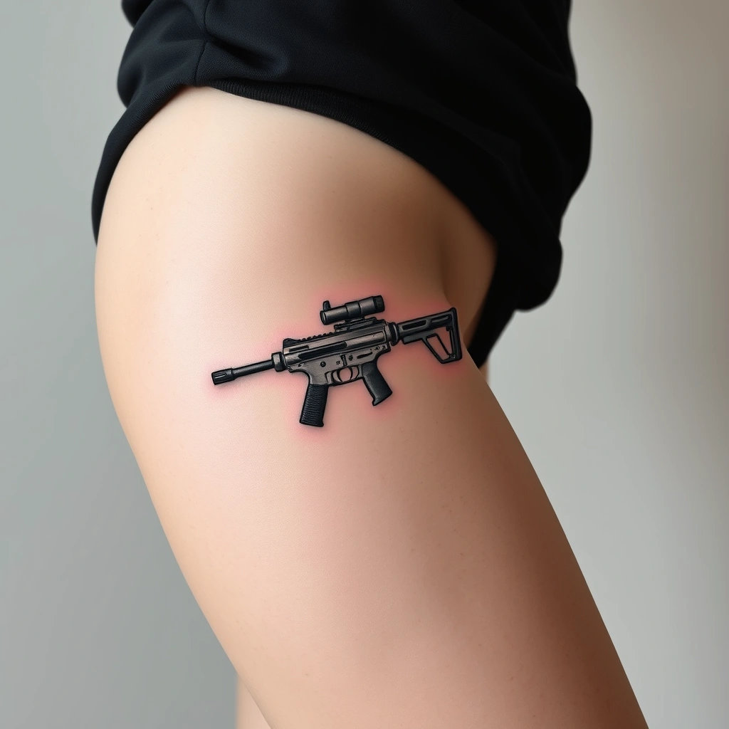 Tattoo of lizard with gun, minimalist style, black and white on women's hip.