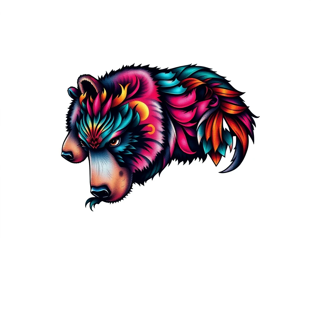 Colorful bear tattoo with intricate design