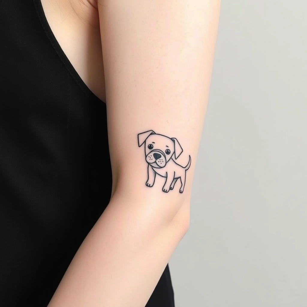 Tattoo of cute dog, Minimalist style, black and white on women's arm.