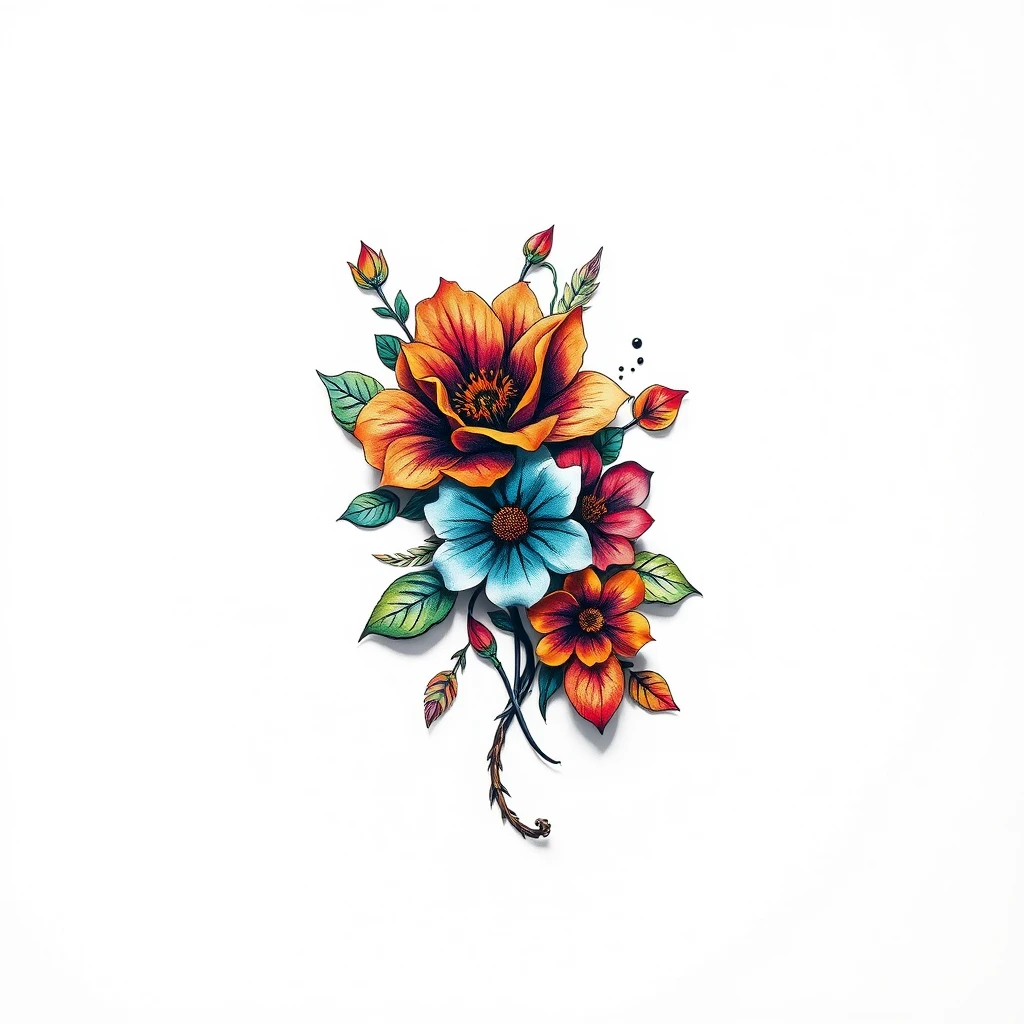 Colorful Flora tattoo with vibrant flowers