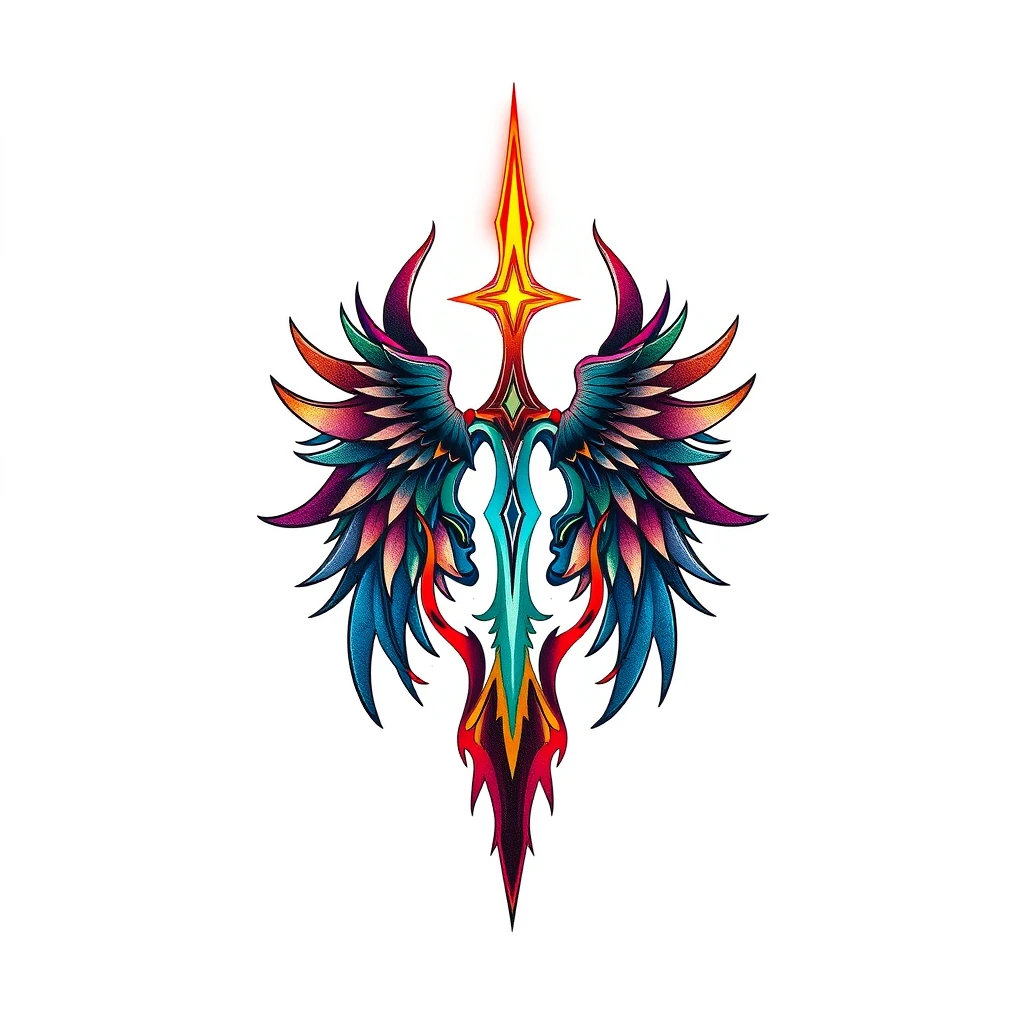 Vibrant Bifrost tattoo featuring phoenix wings