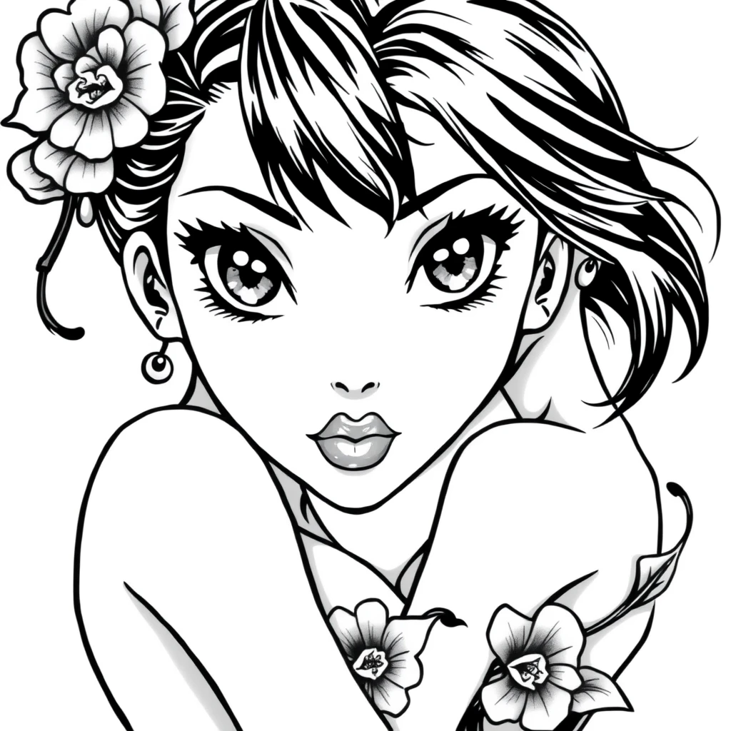 Tattoo of naked women in Anime style, black and white