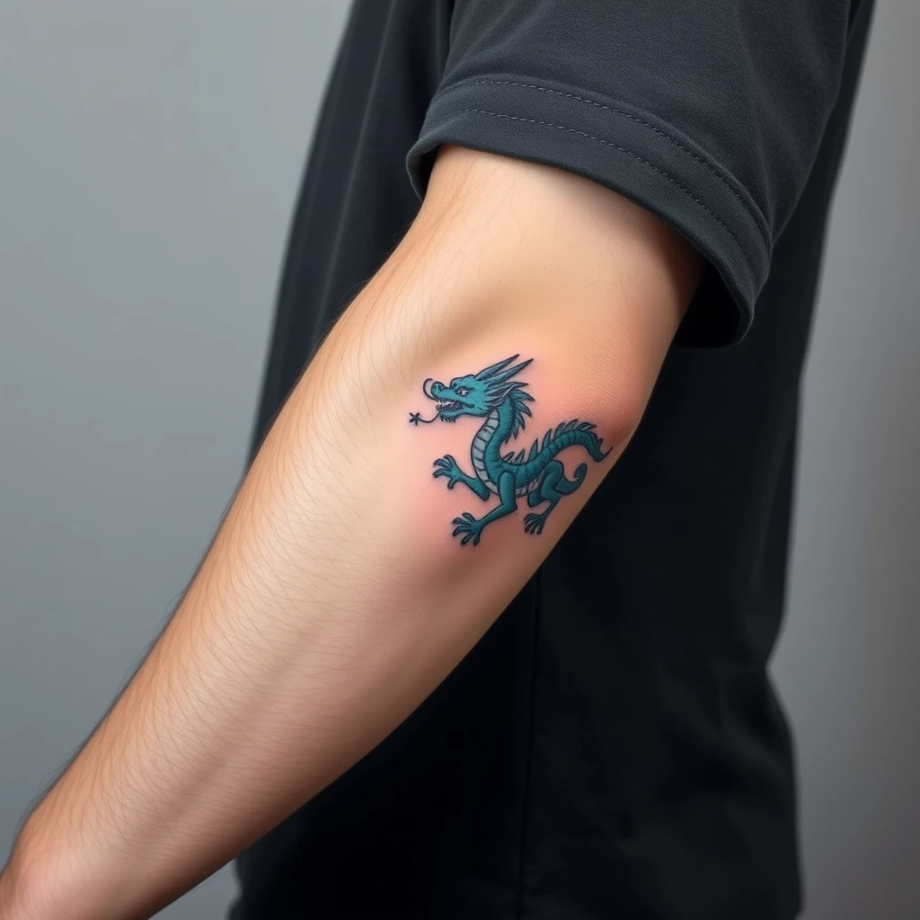 Colorful 3D blue dragon tattoo on elbow