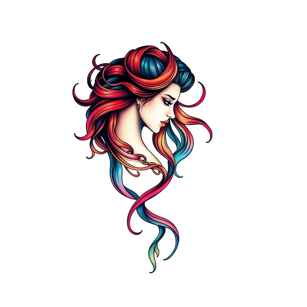 Lyra tattoo featuring vibrant hair and colors