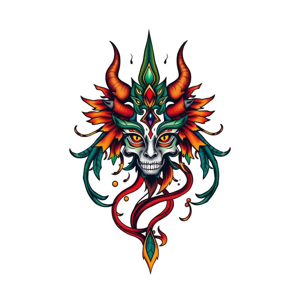 Colorful Numinous tattoo with skull and horns