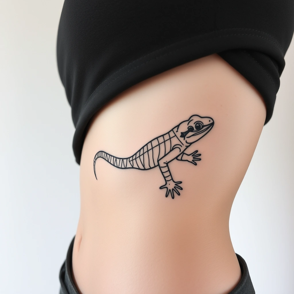 Tattoo of lizard with bazuka, Linework style, black and white, on women's underboob