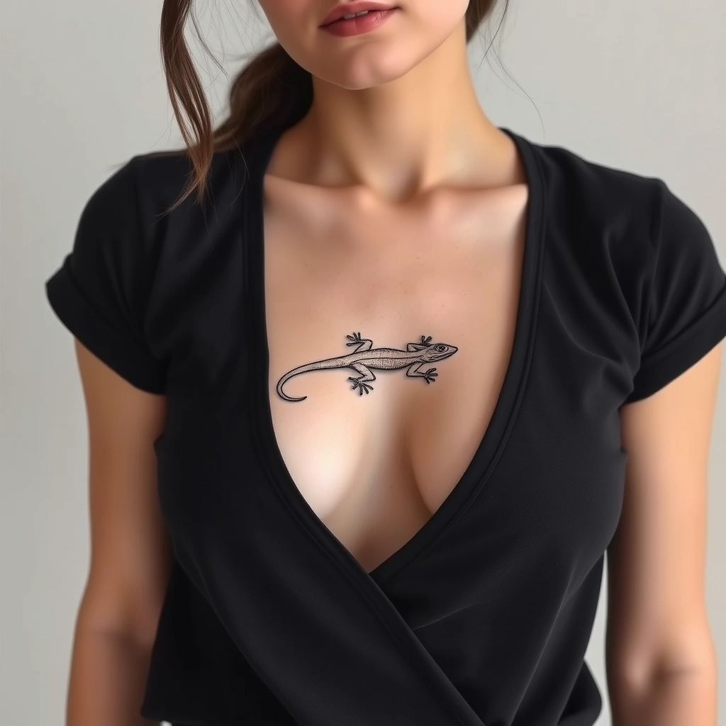 Tattoo of a lizard in minimalist style, black and white, on women's chest.