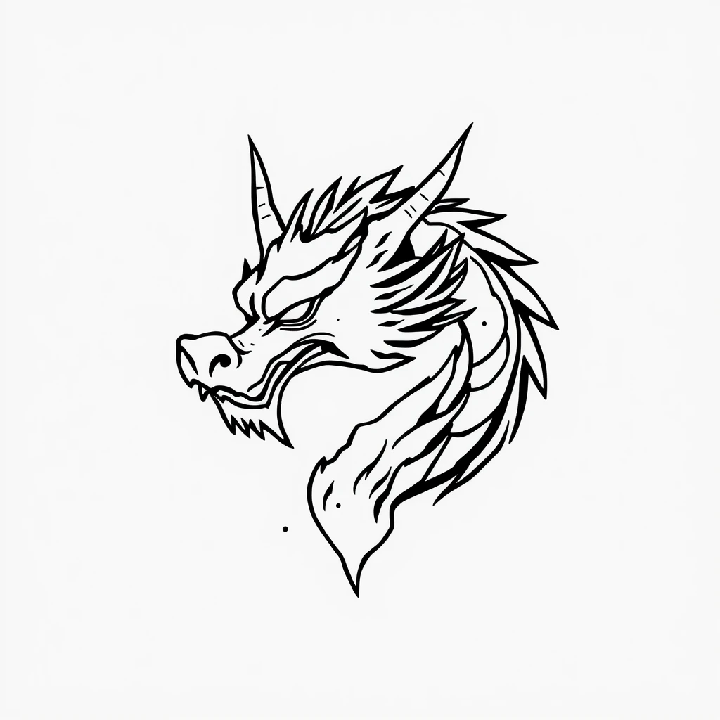 Tattoo of dragon face with fire, minimalist, black and white