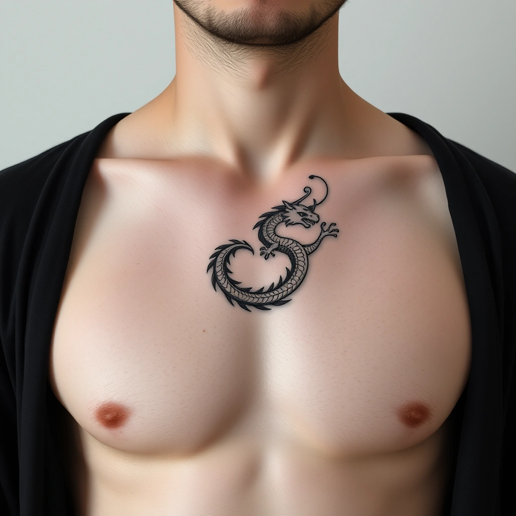 Minimalist dragon tattoo in black and white on men's chest