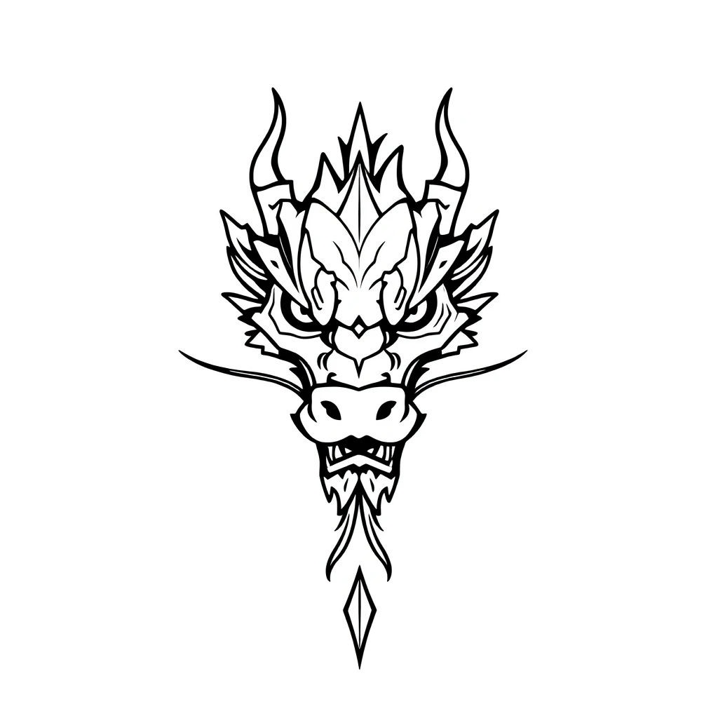 tattoo of dragon face in minimalist style, black and white