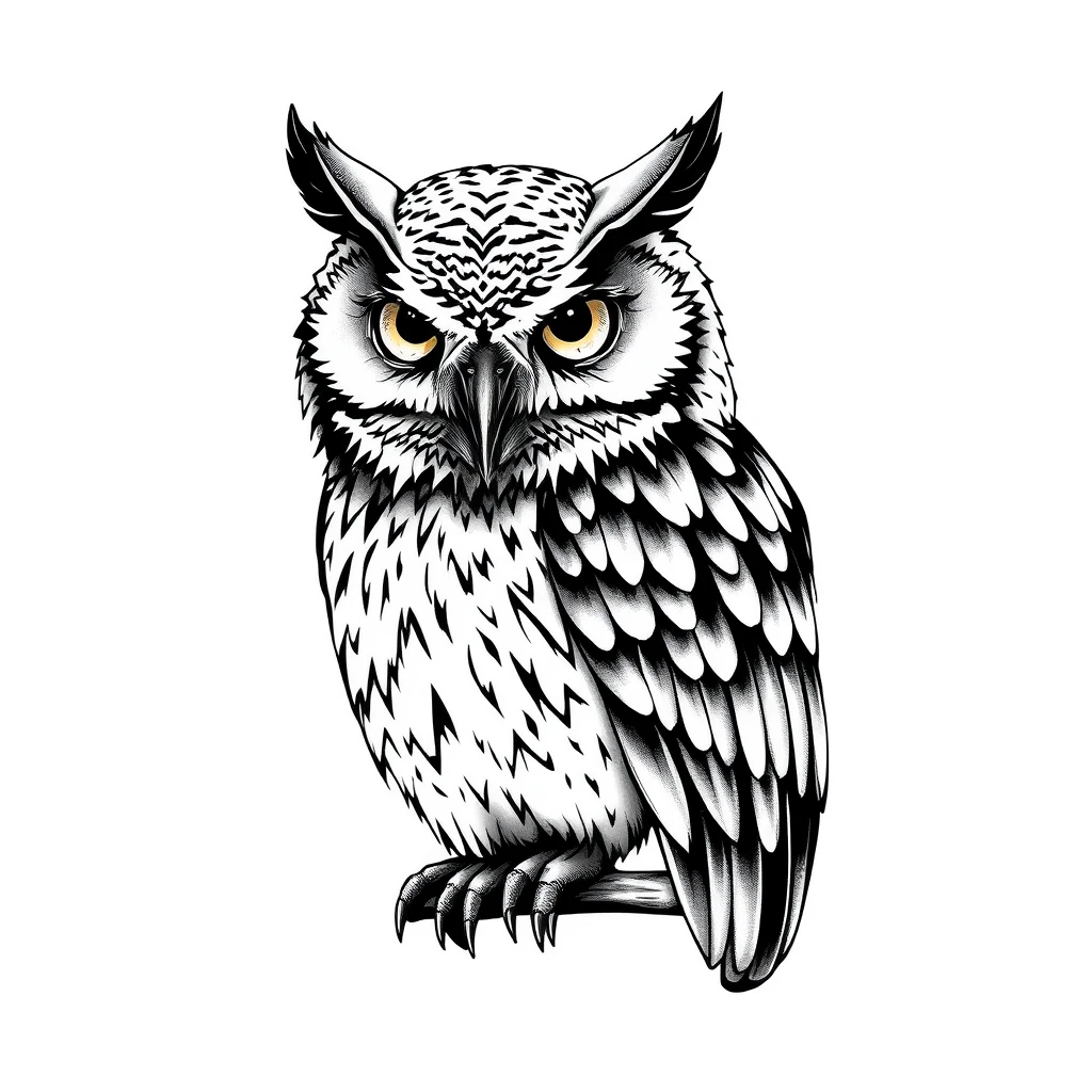 Tattoo of an Owl in Realistic style, Black and white