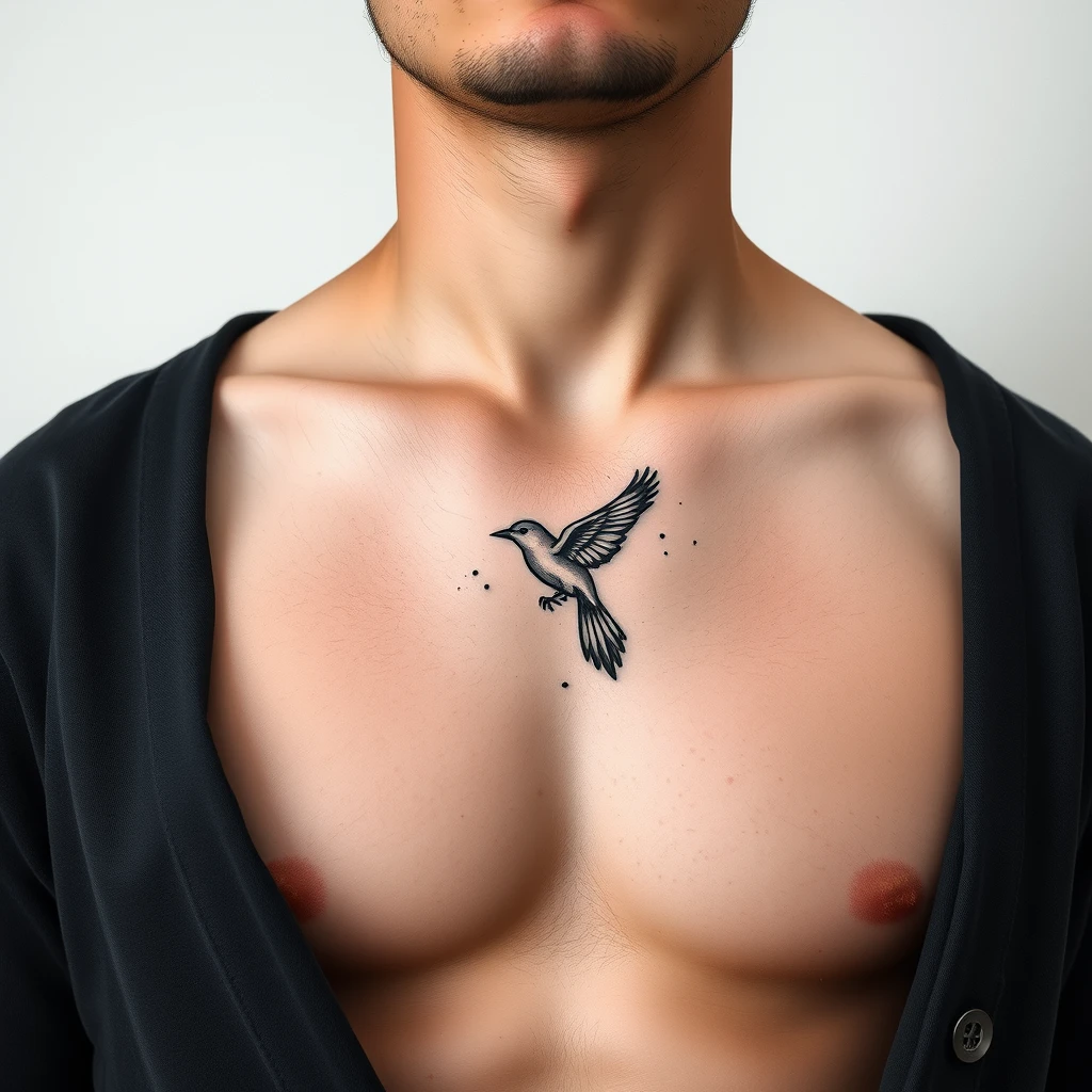 Minimalist bird tattoo in black and white on men's chest.