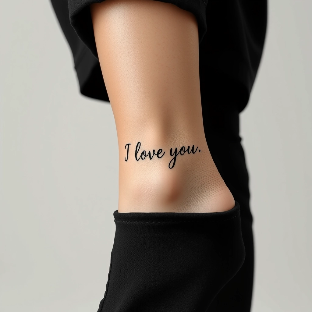 Minimalist black and white tattoo 'I love you' on women's ankle