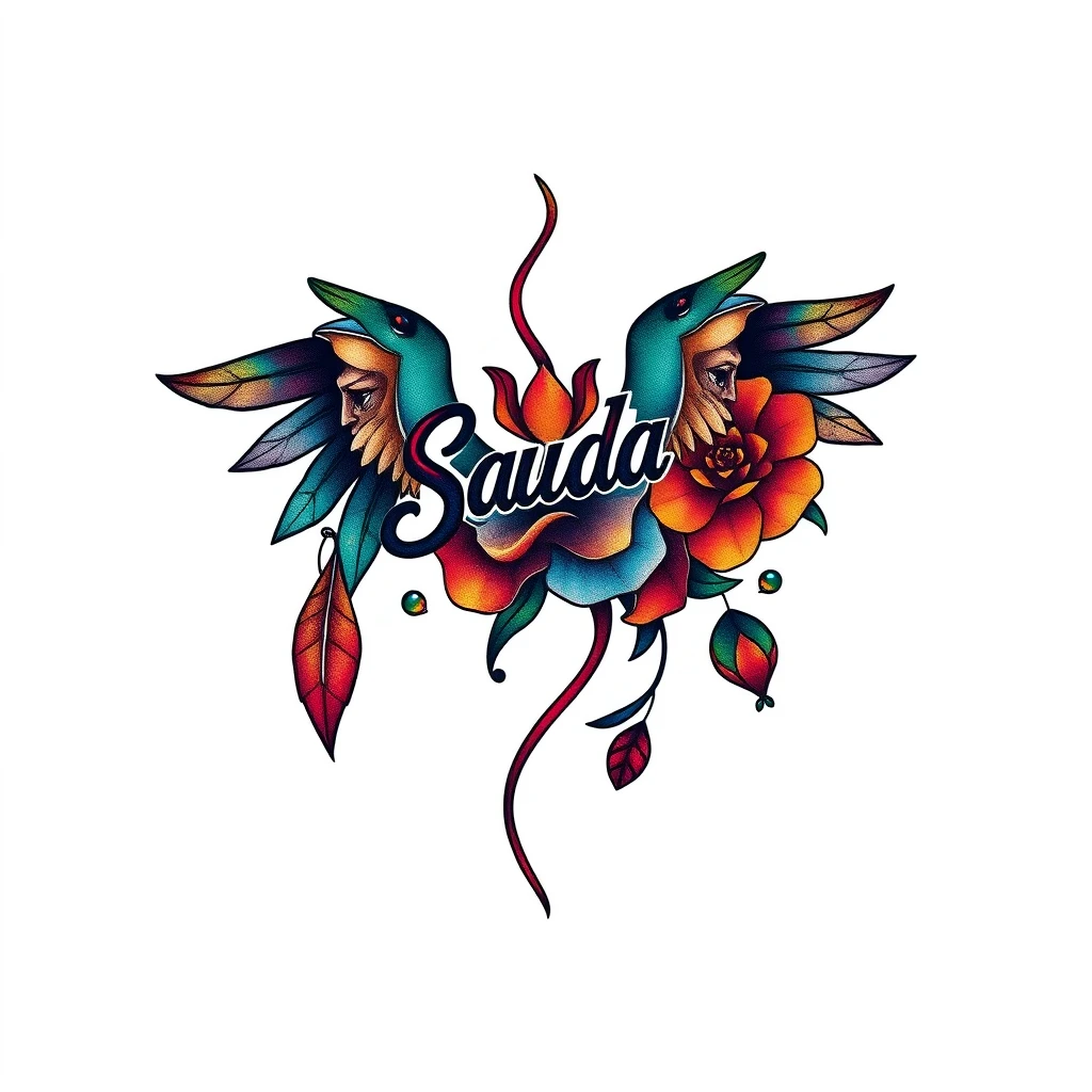 Colorful Saudade tattoo with floral elements