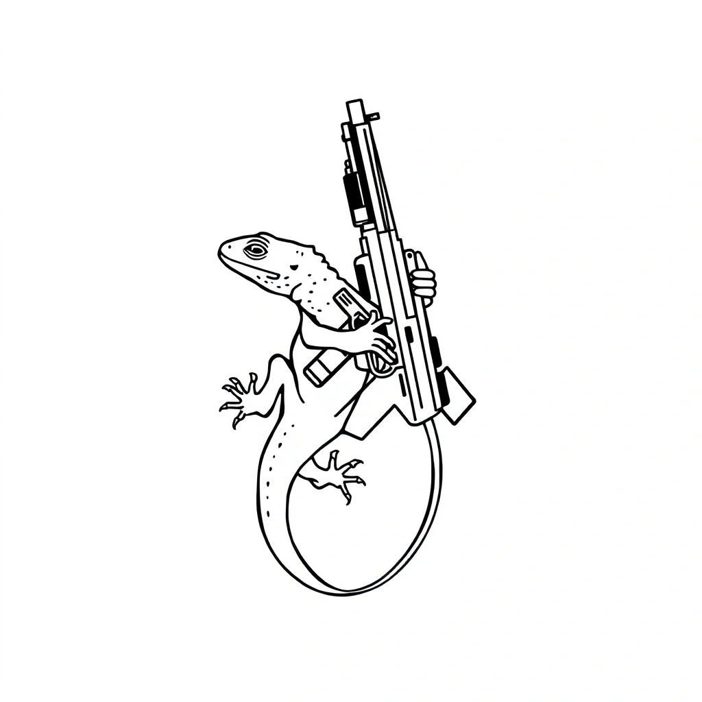 Tattoo of a lizard with gun, minimalist style, black and white.