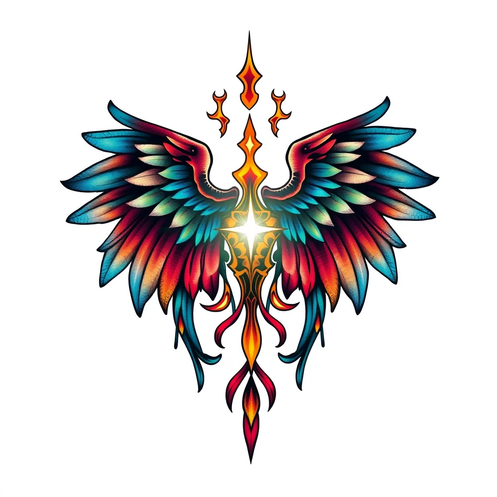 Pneuma tattoo featuring colorful wings and flames