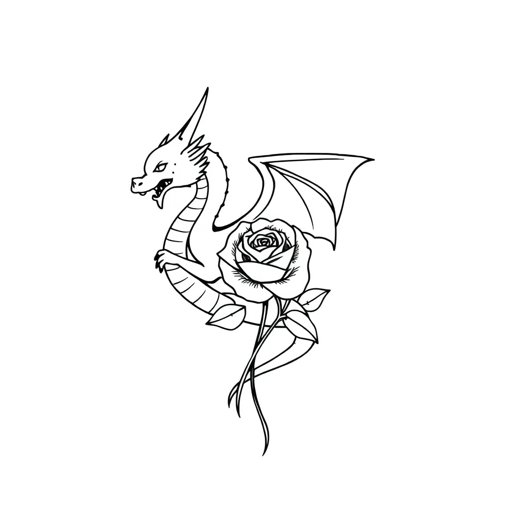 Tattoo of dragon holding rose in minimalist style, black and white design