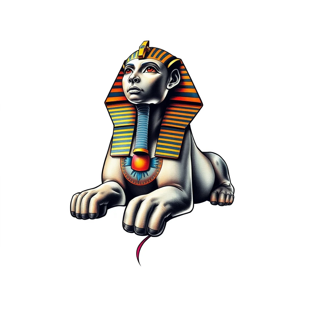 Colorful Sphinx tattoo with detailed features