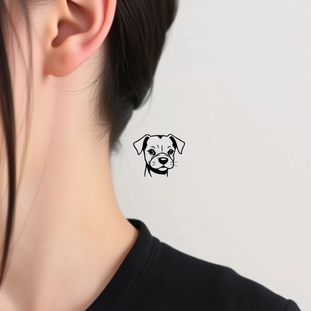 Tattoo of cute dog, Minimalist style, black and white, behind the ear, for women.