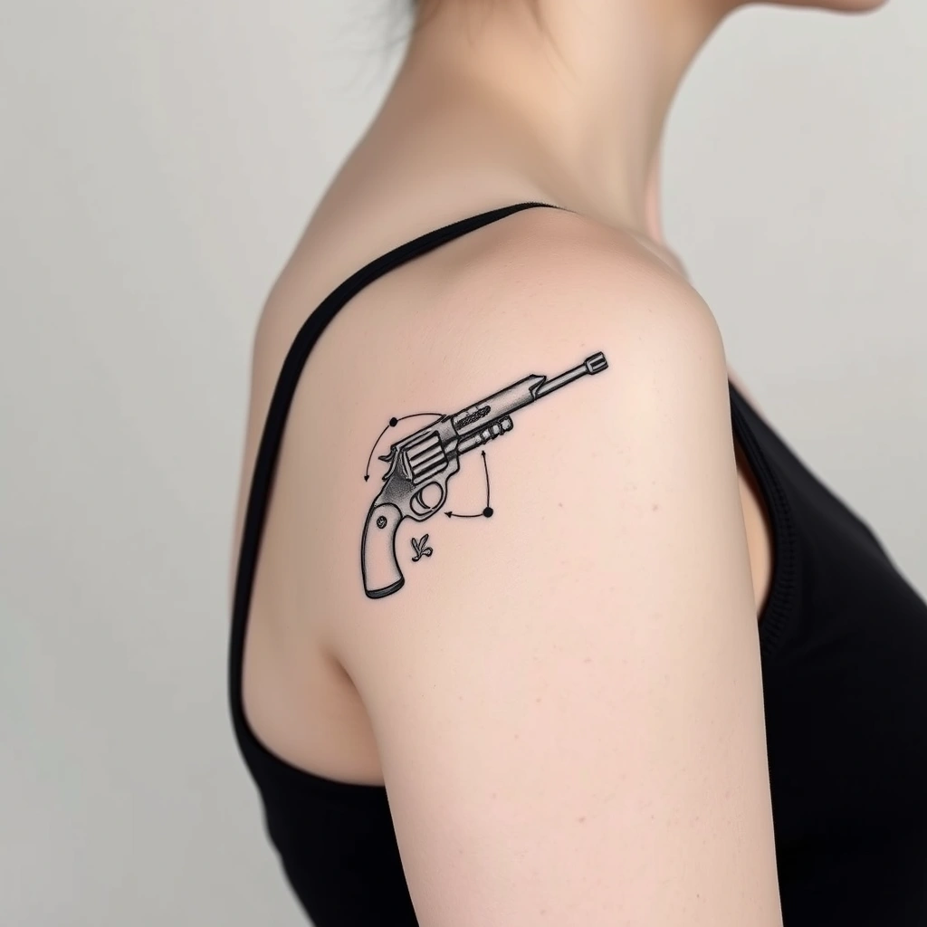 Tattoo of lizard with gun, Minimalist style, black and white, on women's shoulder.