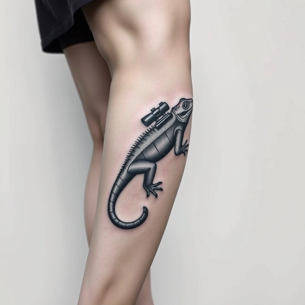 Tattoo of lizard with gun, Realistic style on women's calf, black and white.