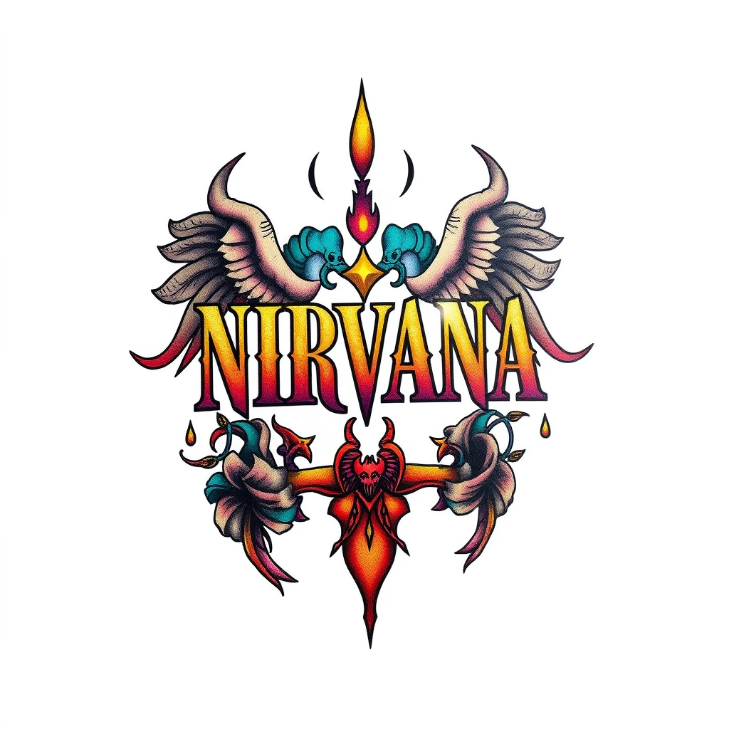 Colorful Nirvana tattoo with intricate designs