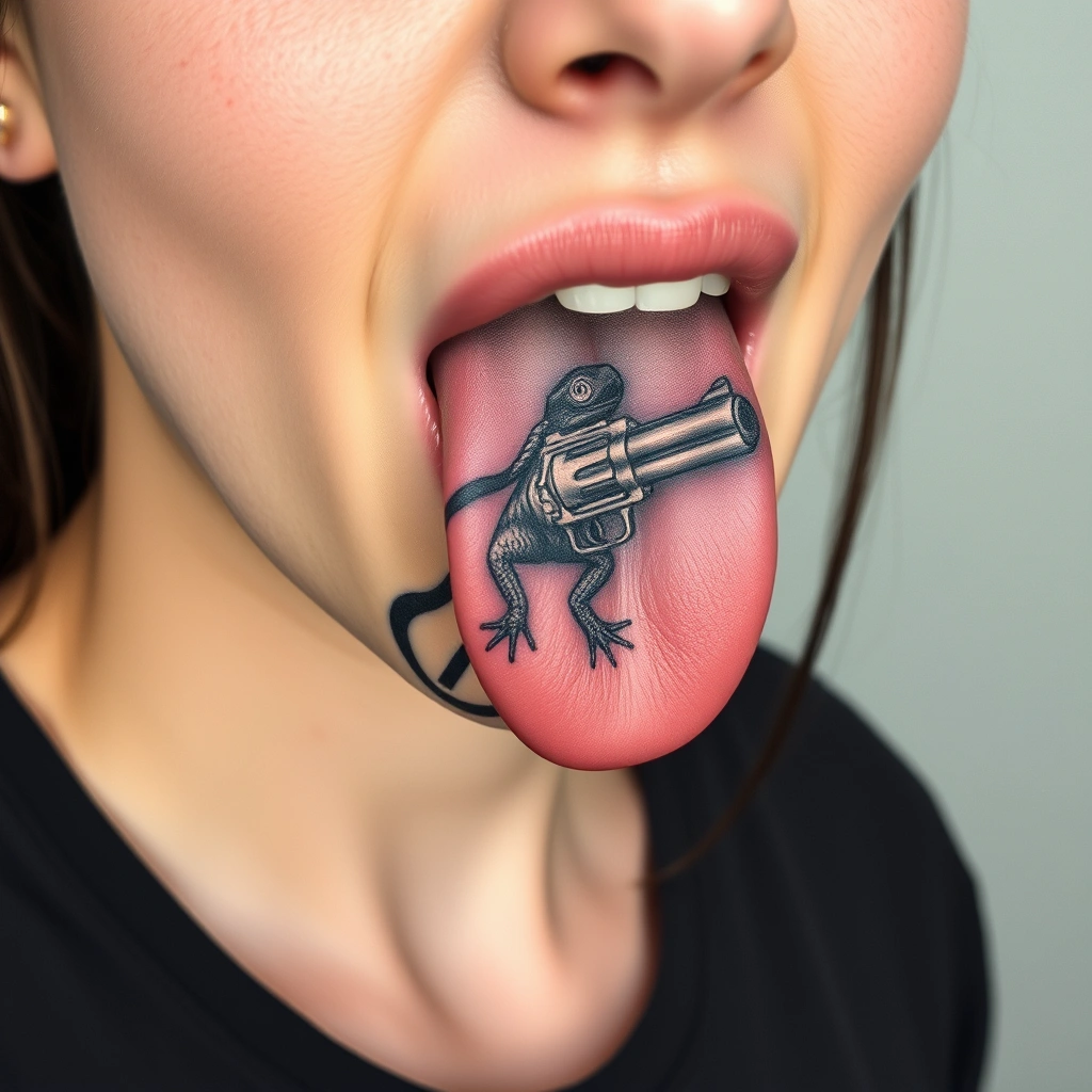 Realistic lizard with gun tattoo on tongue