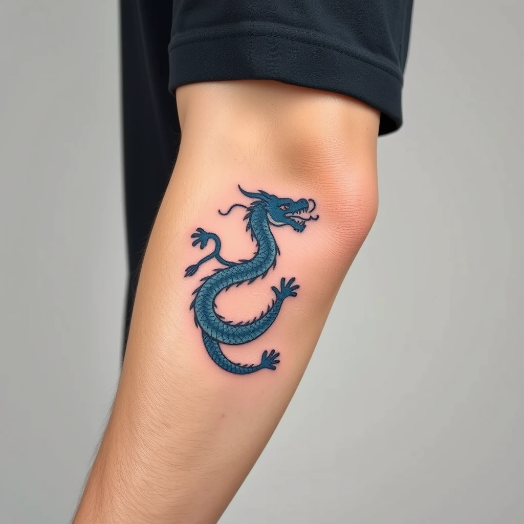 Colorful Fine Line blue dragon tattoo on elbow