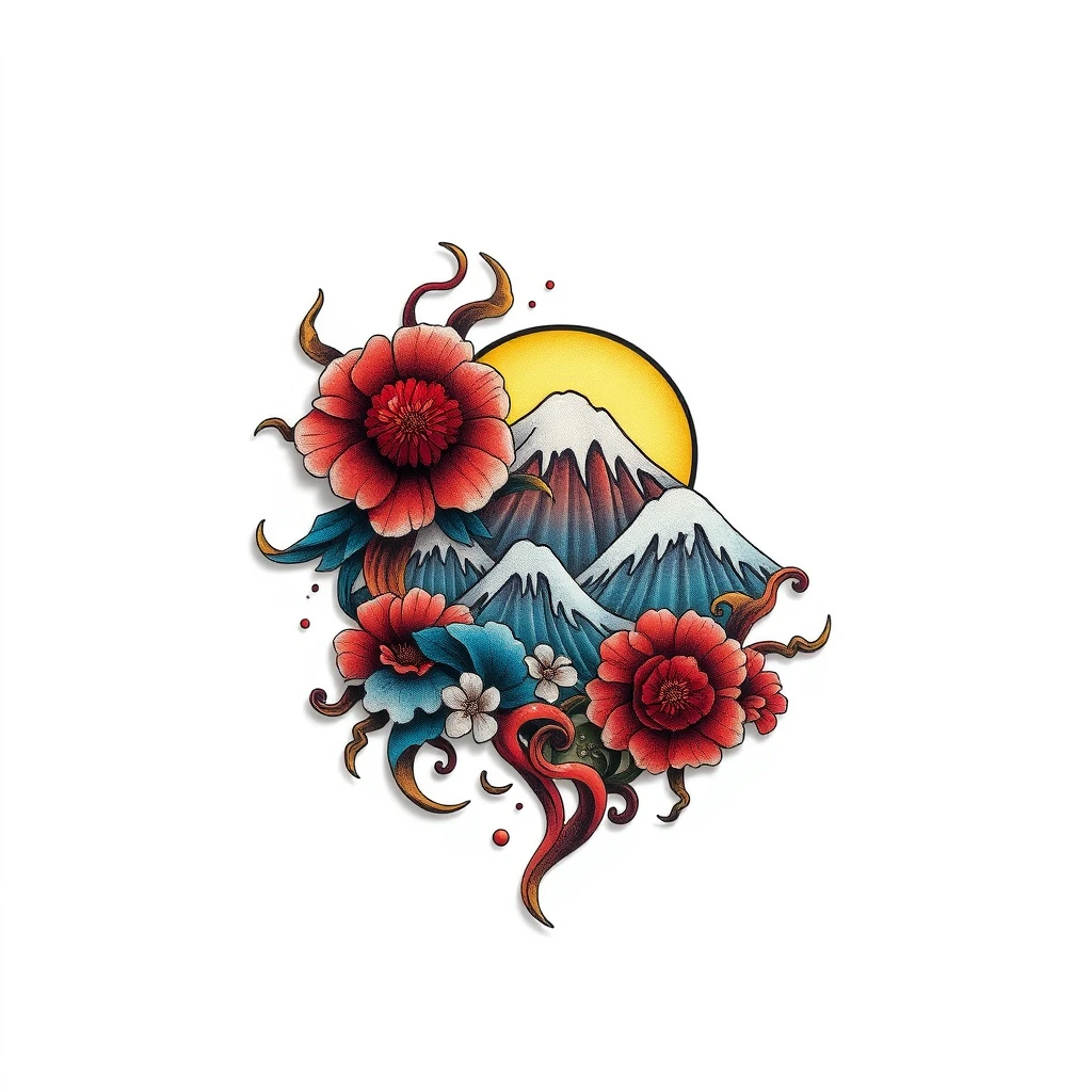 Colorful Fuji tattoo with flowers and sun