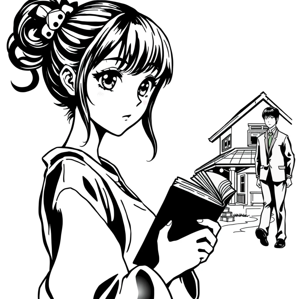 Anime tattoo of woman with book, black and white