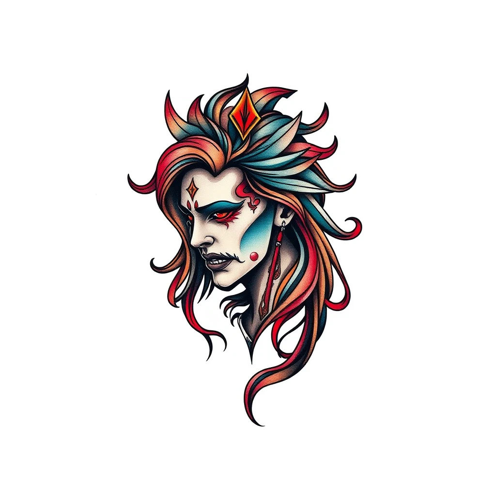 Sanguine tattoo of a colorful, stylized face