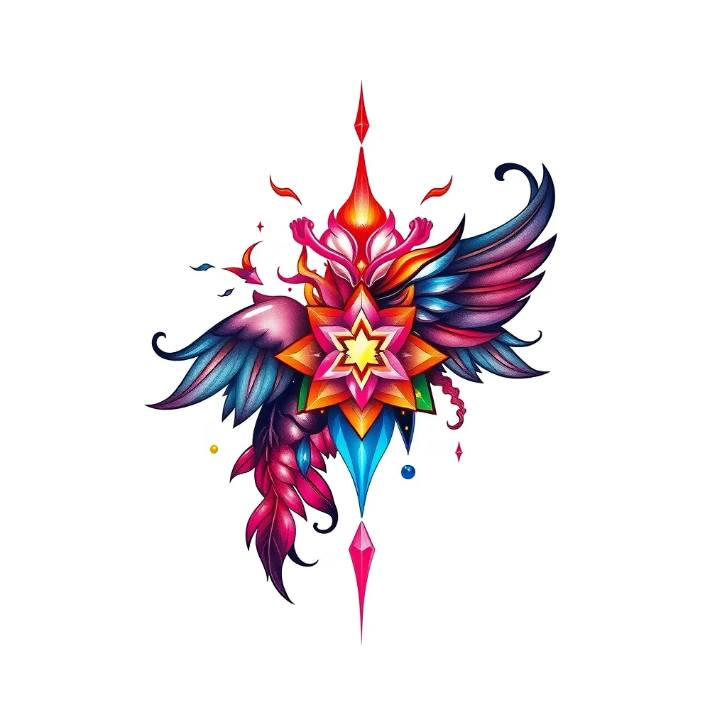 Colorful Lumen tattoo with star and wings