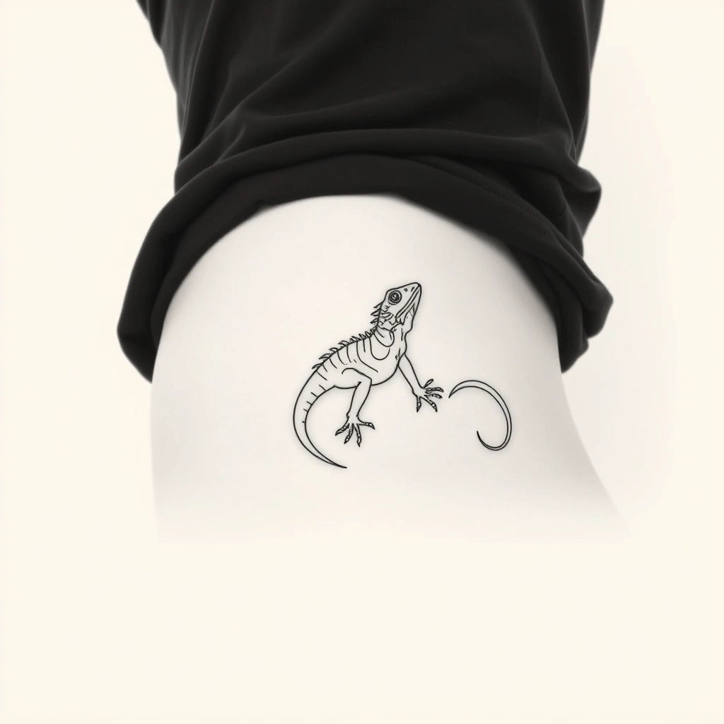 Tattoo of lizard with bazuka, Linework style, black and white, underboob placement for women