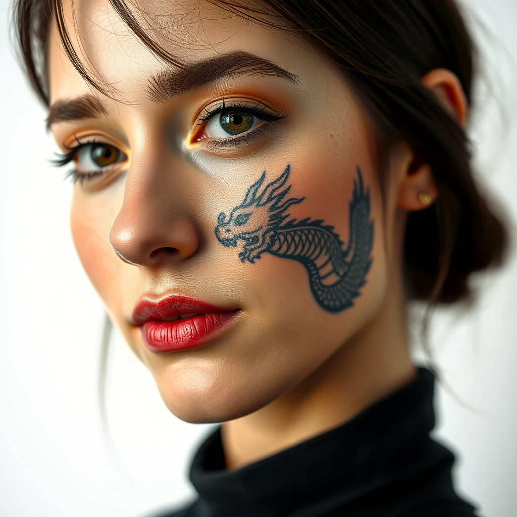 Colorful dragon portrait tattoo on women's face