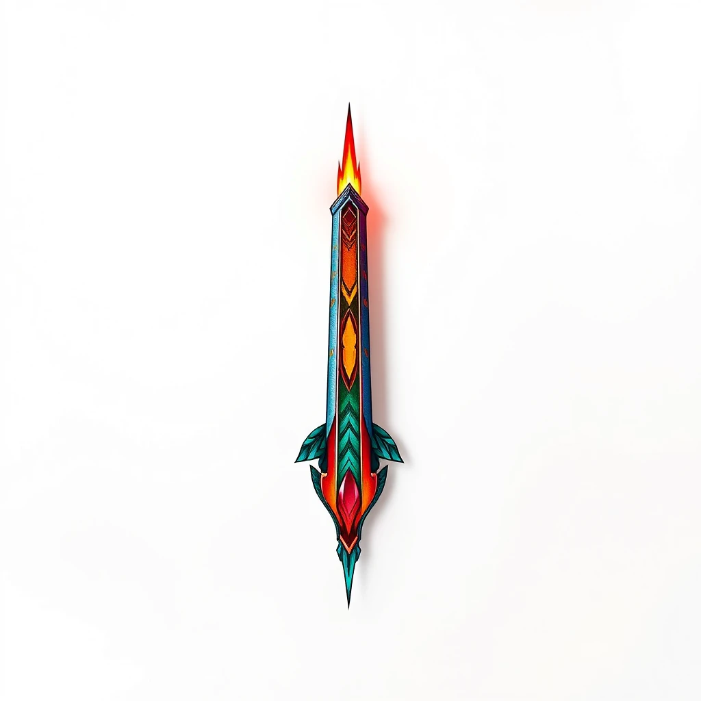 Colorful obelisk tattoo with flame details